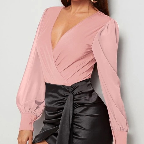 Light pink Privé Surplice Neck Contrast Mesh Wrap Bodysuit - Picture 3 of 7